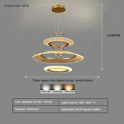 Modern gold-toned aluminum led ring chandelier with three mesh circular layers illuminated by led lights lighting fixture