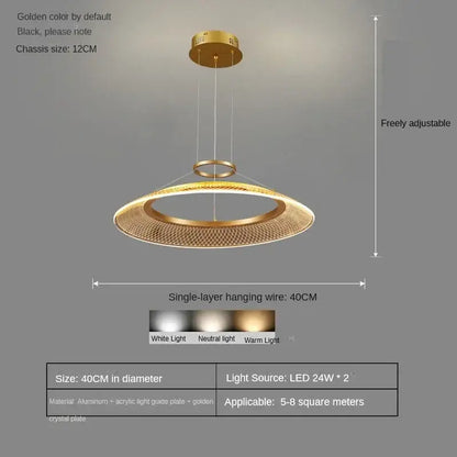 Modern golden led ring chandelier with mesh acrylic design and adjustable hanging wire for luxury living room lighting