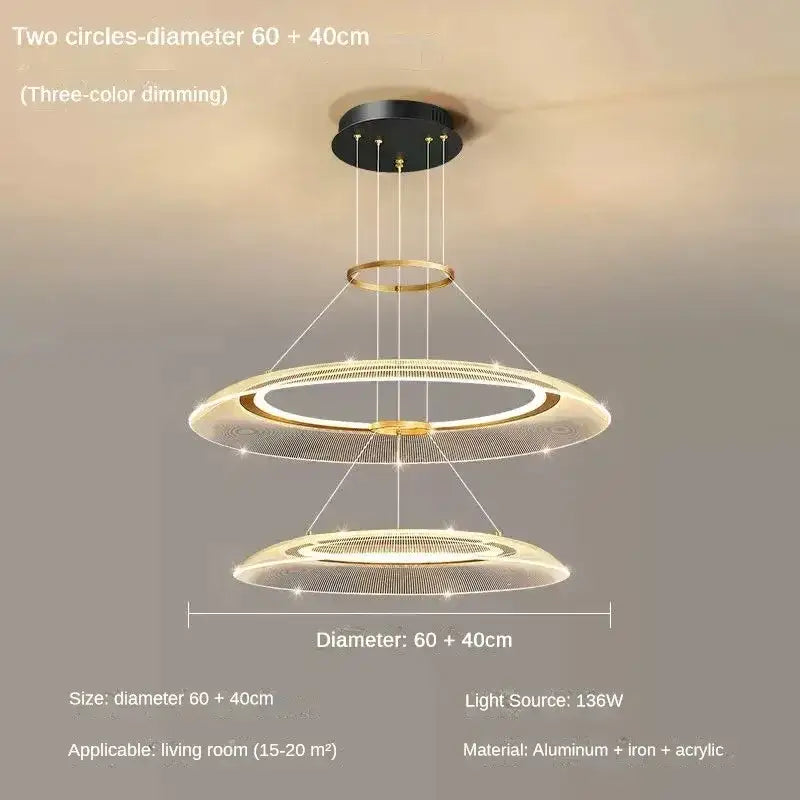Modern two-tiered led ring chandelier with gold and black accents in aluminum iron and acrylic for luxury living room lighting