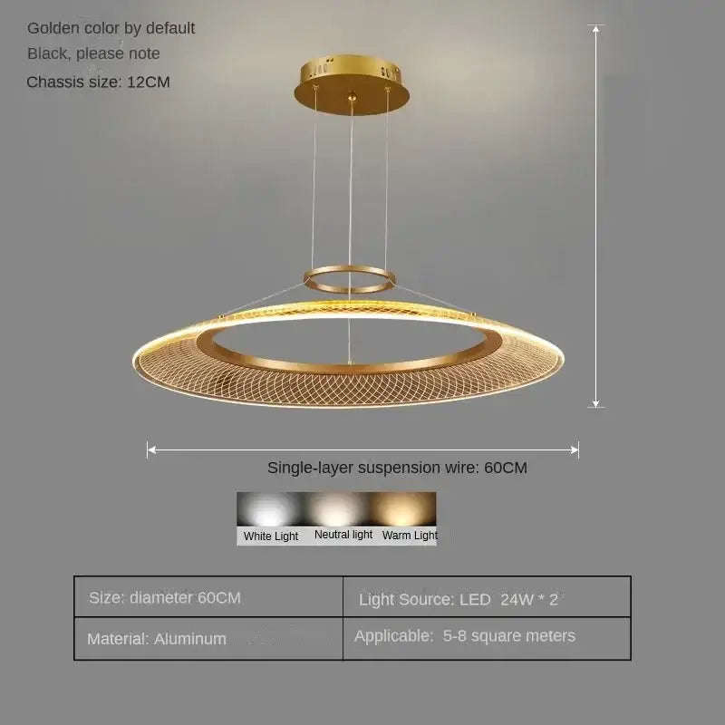 Gold-colored decorbites™ led ring chandelier lighting fixture with aluminum mesh design for luxury living rooms