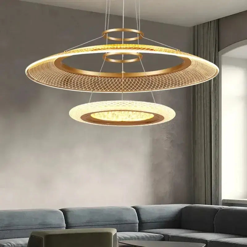 Modern gold-toned decorbites™ led ring chandelier with woven mesh and layered rings luxury lighting fixture for living room