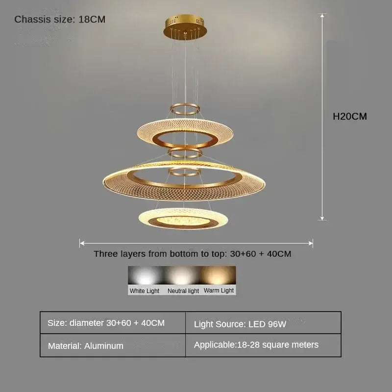 Gold-toned aluminum led ring chandelier with three concentric mesh layers and integrated led lighting fixture for living room
