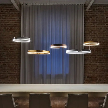 Decorbites™ led ring chandelier features modern brushed gold and matte white circular pendants for dining room lighting