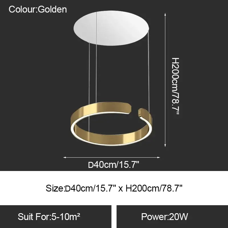 Golden circular led ring chandelier with sleek modern design for dining room table lighting and home decoration
