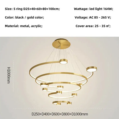 Modern gold-toned led ring chandelier with concentric circular rings and embedded leds for dining and living rooms