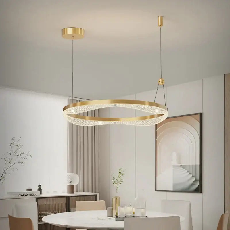Modern gold-toned decorbites™ led ring pendant chandelier with intricate mesh design for living dining and bedrooms