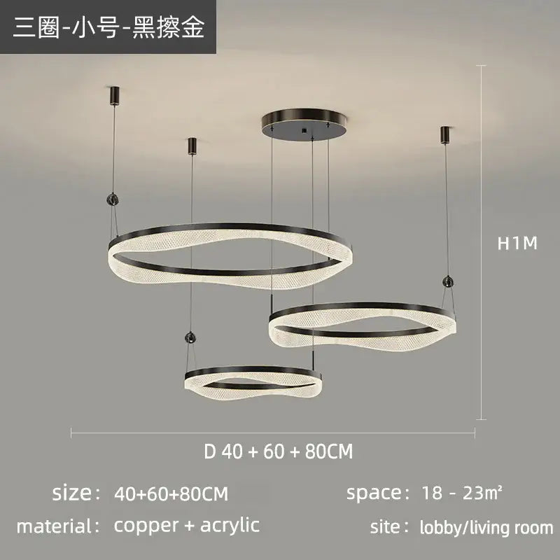 Modern black gold led ring pendant chandelier with layered copper and acrylic design for living room and bedroom
