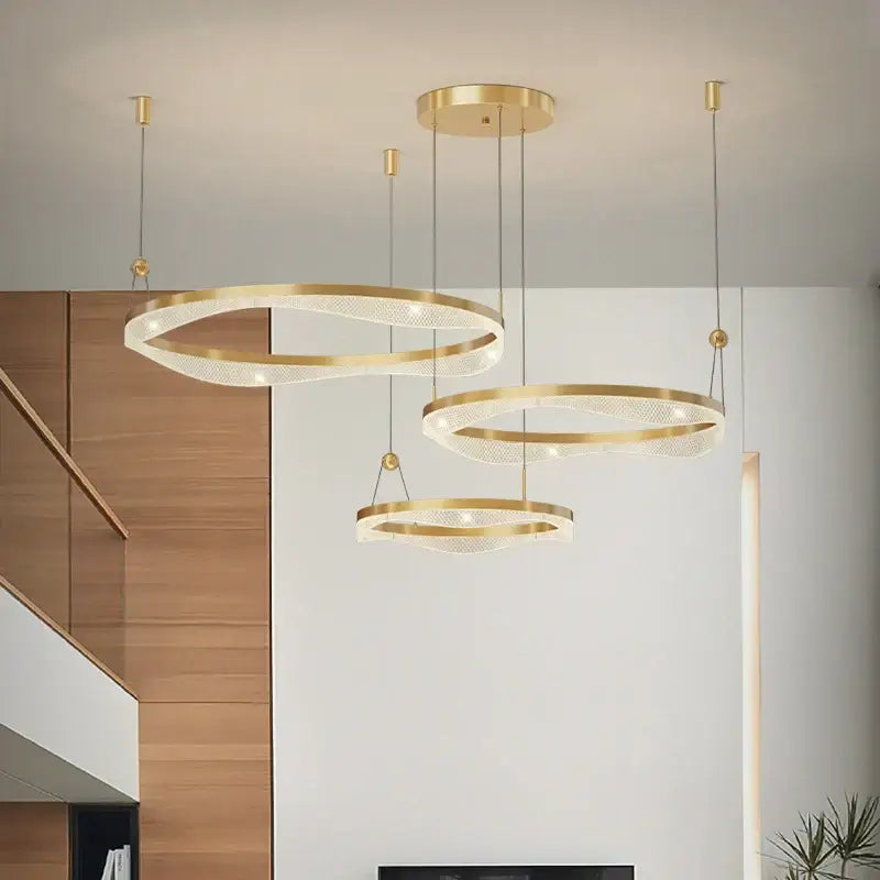 Modern gold-toned led ring pendant chandelier with mesh design and embedded led lighting for living and dining rooms