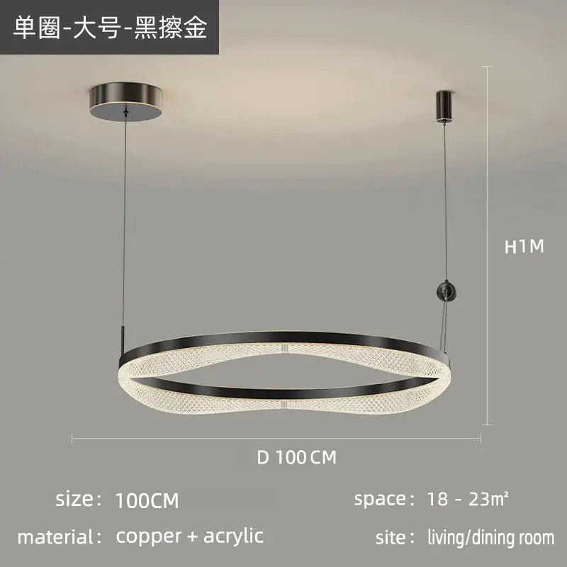 DecorBites™ led ring pendant chandelier with blackened gold acrylic frame and copper accents for living and dining rooms