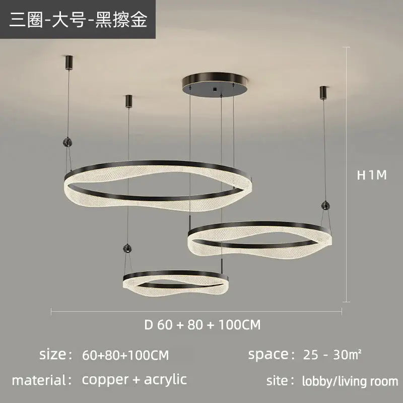 Modern three-tiered led ring pendant chandelier with black gold frames and acrylic rings for living room decor