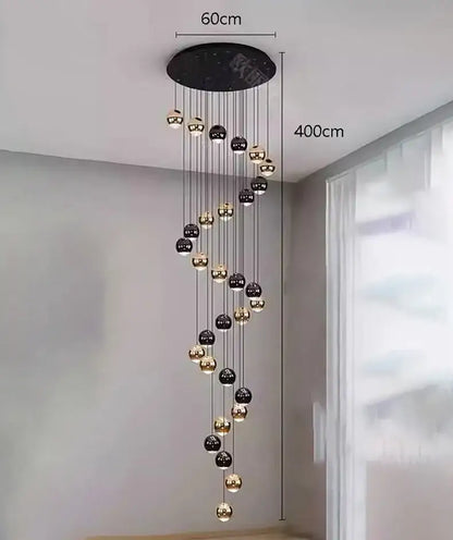 Decorbites™ led ring pendant light featuring a modern black and gold spherical design with 30 glass orbs and heads size diameter