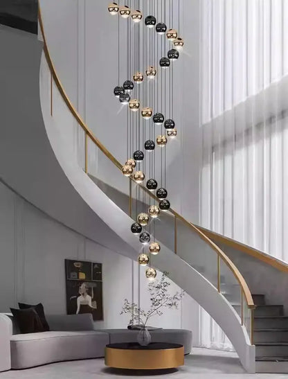 Decorbites™ led ring pendant light with heads size diameter complements sleek white spiral staircase with gold handrails