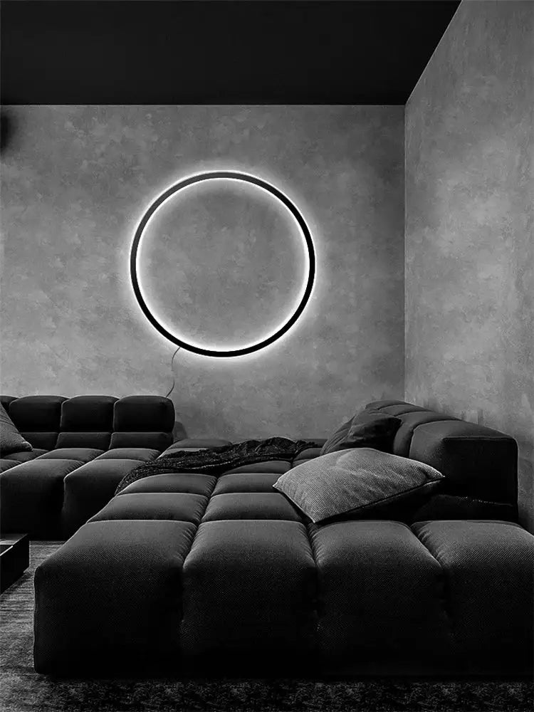 Decorbites led ring wall lamp with a sleek black frame and glowing illumination for minimalist living room decor