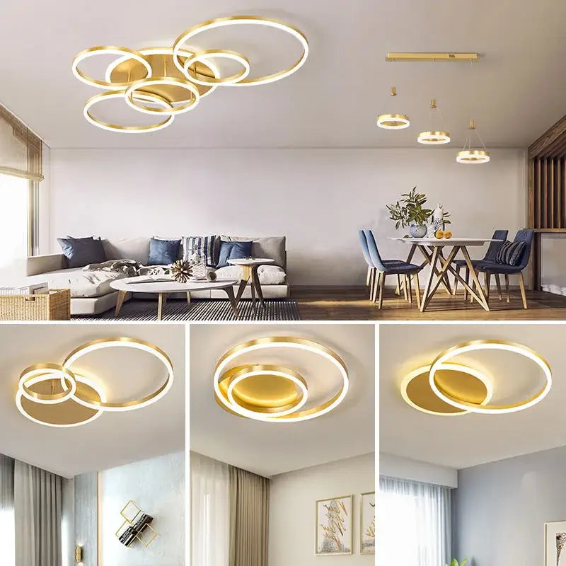 DecorBites™ modern gold-toned led rings ceiling chandelier with overlapping rings for dimmable living room lighting