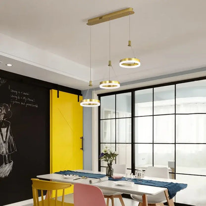Modern gold-toned led rings ceiling chandelier with circular shades dimmable for living room and foyer decor