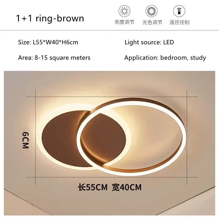 Brown led rings ceiling chandelier with two interlocking circular rings for dimmable indoor living room lighting