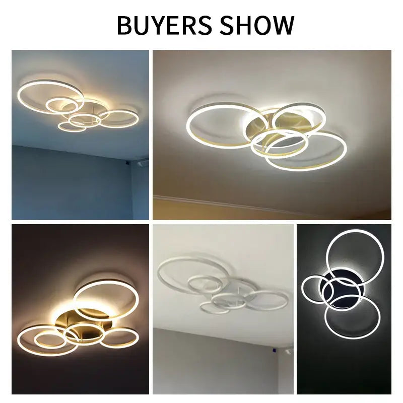 Modern DecorBites™ led rings ceiling chandelier with interlocking circular rings in white or gold finish for indoor use