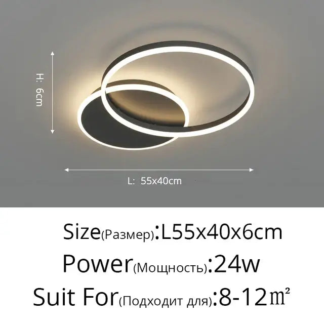 Modern minimalist decorbites™ led rings ceiling chandelier with two black interlocking rings and dimmable white led illumination