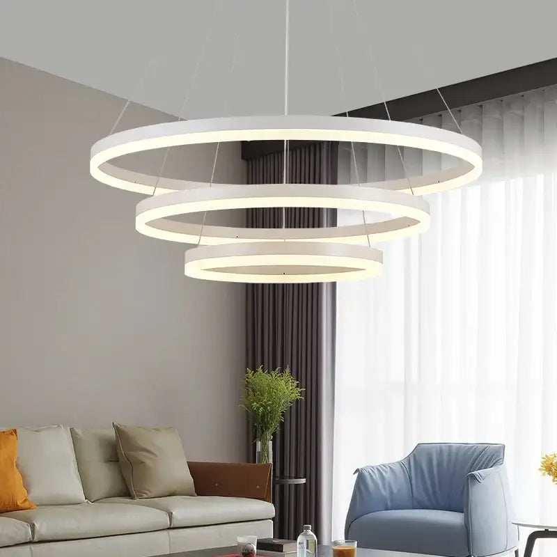Modern white led rings chandelier with three concentric circular rings for living room dining room lighting decorbites