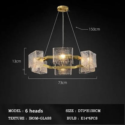 Gold-toned decorbites™ led ripples glass chandelier with six textured cube lights for modern luxury spaces