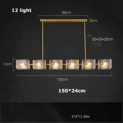 Gold-toned DecorBites™ led ripples glass chandelier with six frosted glass cube shades and sleek metal frame for modern luxury