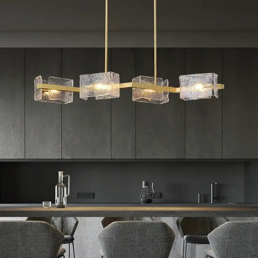 Decorbites™ led ripples glass chandelier with four gold-toned textured glass cubes for modern luxury lighting