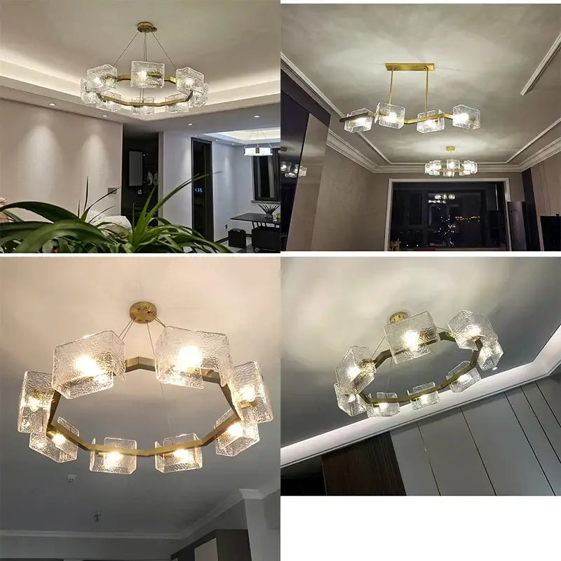 Modern luxury decorbites™ led ripples glass chandelier with clear textured glass cubes and gold metal frame for living room