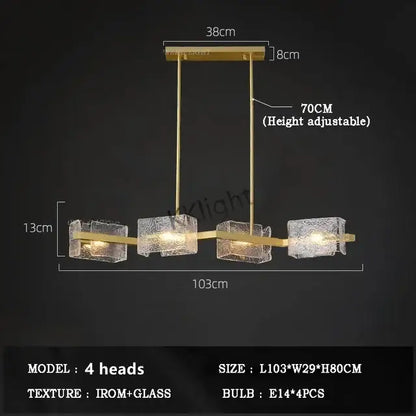 Gold-toned decorbites led ripples glass chandelier with four textured cube shades and adjustable height for modern luxury