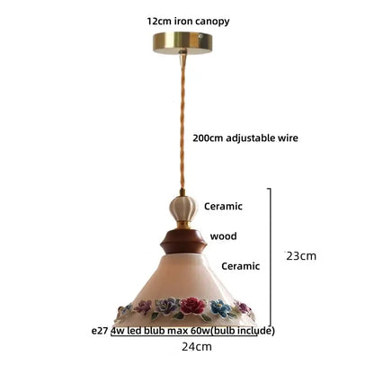 Decorbites™ led rose flower pendant lamp with cream ceramic fluted shade and purple red floral patterns for modern decor