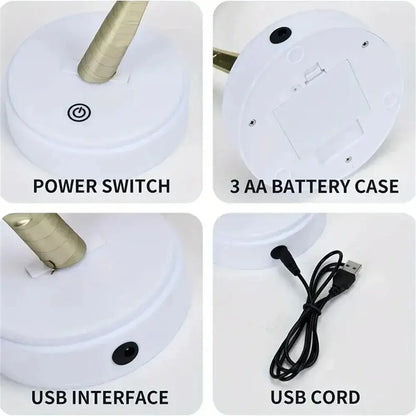 White plastic desk lamp base with gold stem featuring usb interface and battery compartment for christmas tree fairy lights