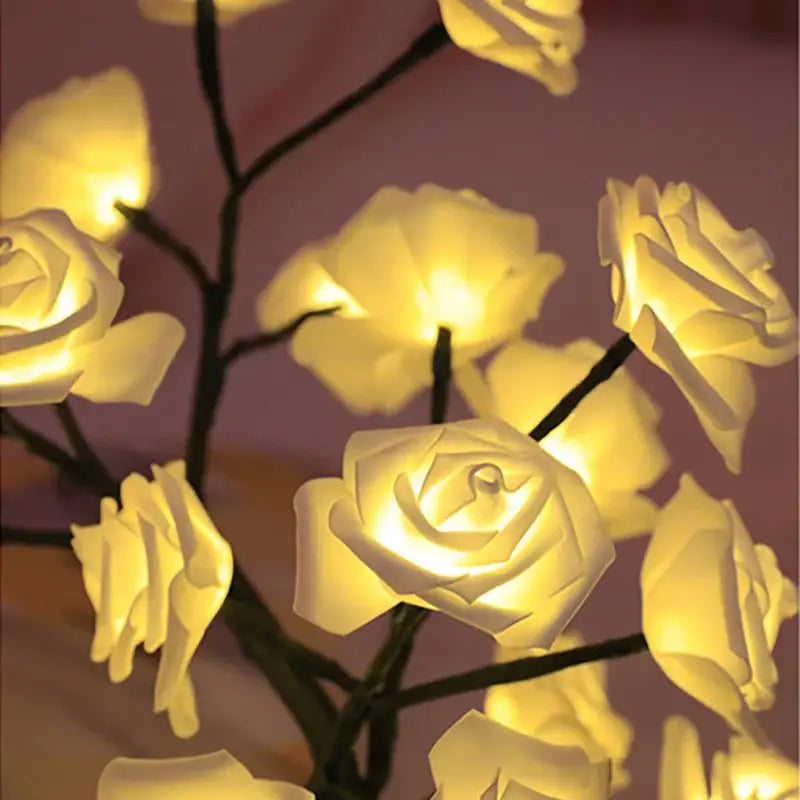DecorBites™ glowing white rose tree lamp with delicate illuminated petals and dark branches USB powered for home decor