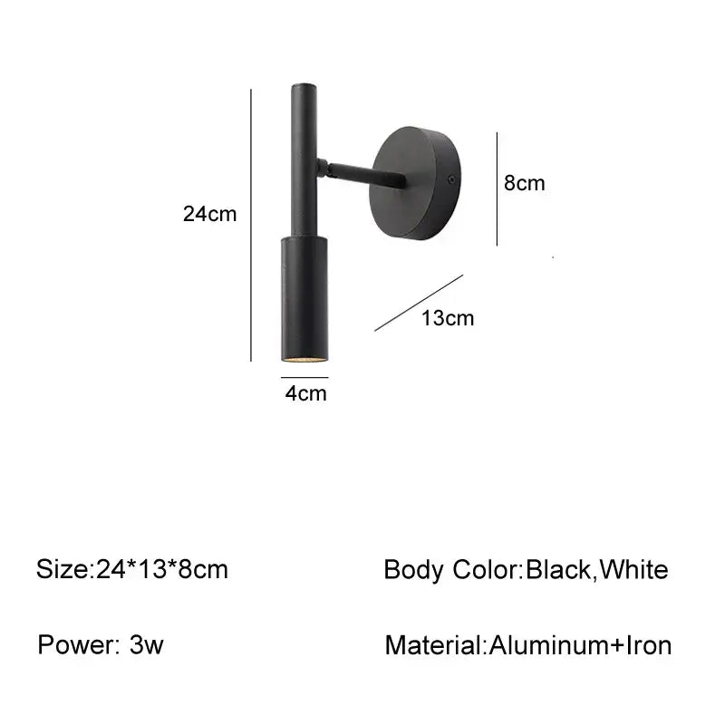 Black minimalist led rotatable wall lamp with cylindrical aluminum and iron design for bedroom sconce lighting