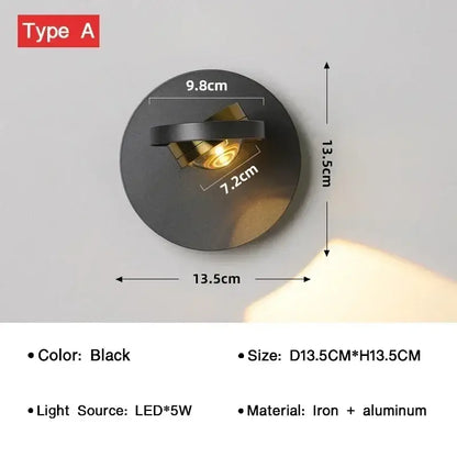 Decorbites™ black led rotatable wall lamp with gold-tone adjustable fixture in iron and aluminum for modern indoor use
