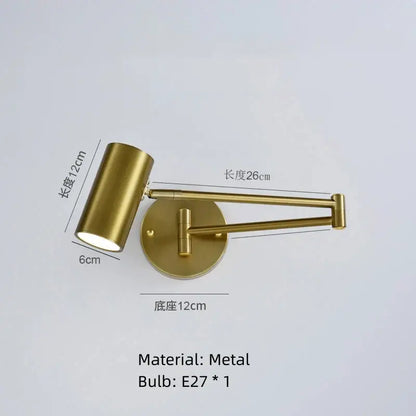 Gold-finished metal wall lamp with adjustable rotatable arm and cylindrical head for decorbites led rotatable wall lamp