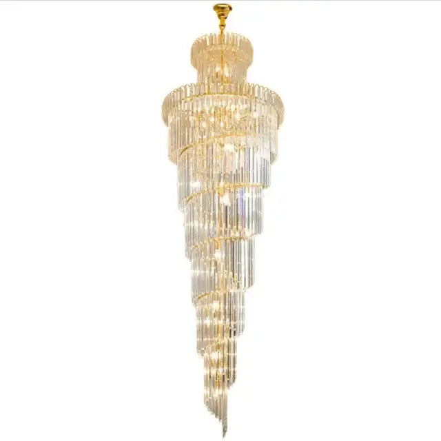 Decorbites™ led rotating staircase chandelier with clear crystal rods and gold metal accents for luxurious duplex décor