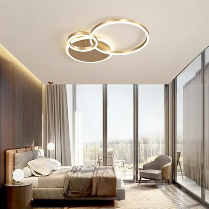Decorbites™ led round ceiling chandelier with modern gold-toned overlapping rings for living room and bedroom lighting
