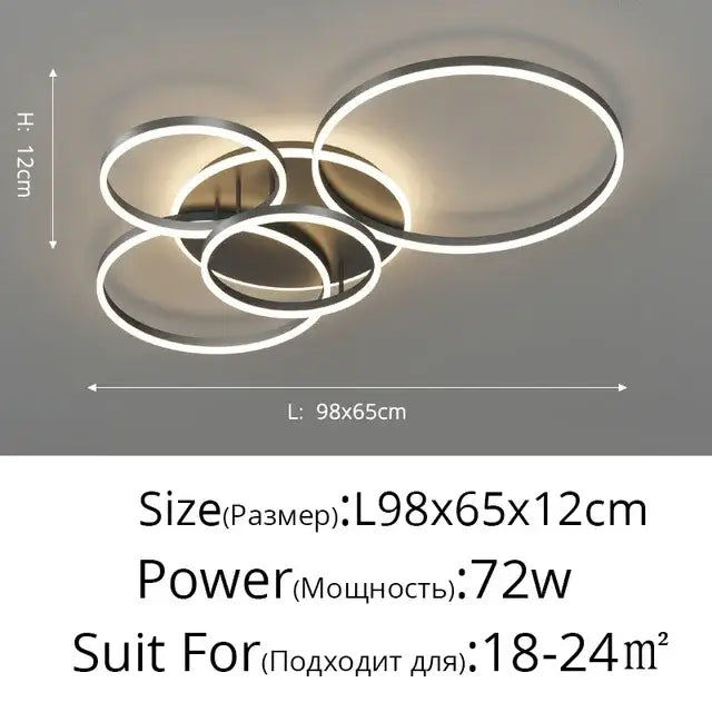 Decorbites led round ceiling chandelier with four silver interlocking rings and illuminated led lighting for modern spaces