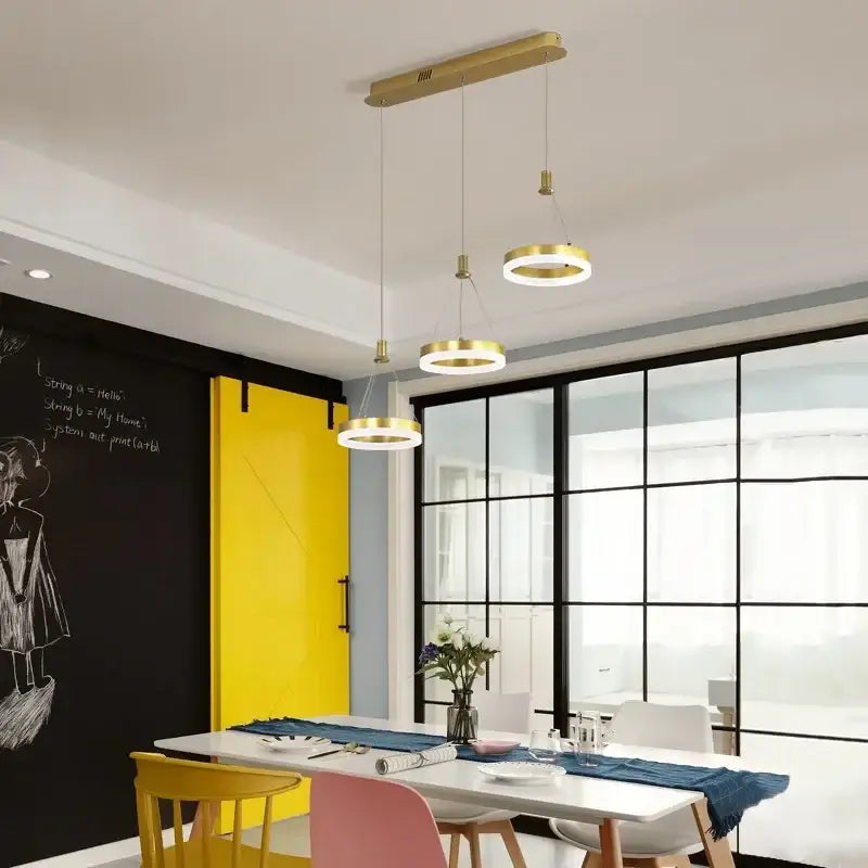Modern gold-toned led round ceiling chandelier with three circular ring lights for living room and bedroom decor
