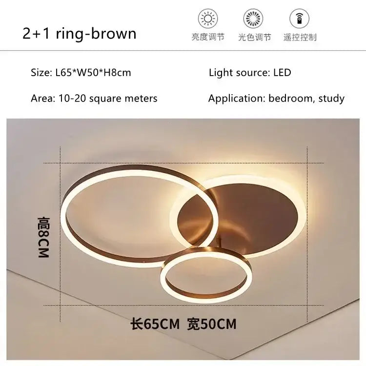 Modern brown led round ceiling chandelier with three overlapping circular rings for living room and bedroom lighting