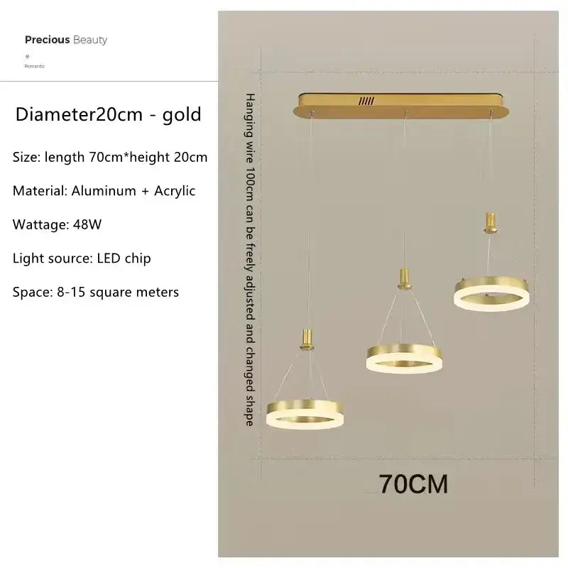 Gold-colored DecorBites™ led round ceiling chandelier with circular acrylic rings and aluminum fixtures for modern spaces