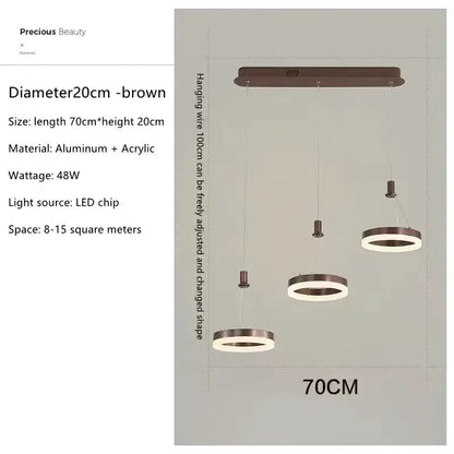 Modern brown led round ceiling chandelier with aluminum and acrylic construction and adjustable hanging wires for customizable spacing
