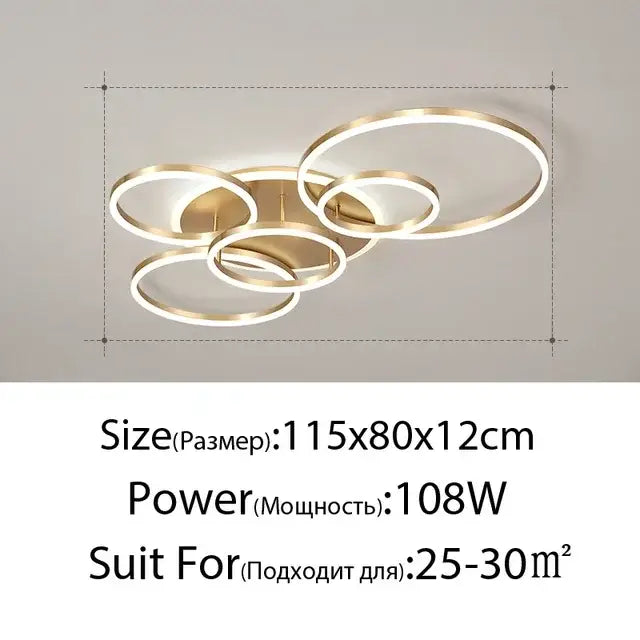 Modern gold-toned led round ceiling chandelier with overlapping rings and minimalist design for living room and bedroom