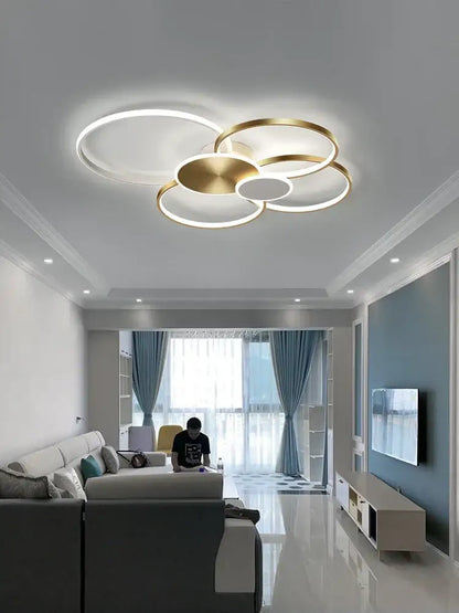 Modern decorbites™ led round ceiling chandelier with overlapping gold and white rings for minimalist living room decor