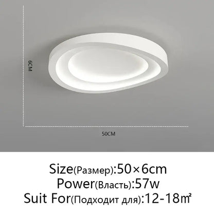 Modern white led round ceiling lamp with sleek oval design and layered rings featuring remote control dimming