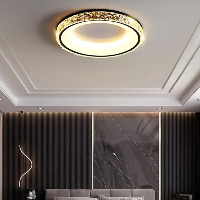 DecorBites™ LED round ceiling light with gold-toned textured ring and warm white center with remote control