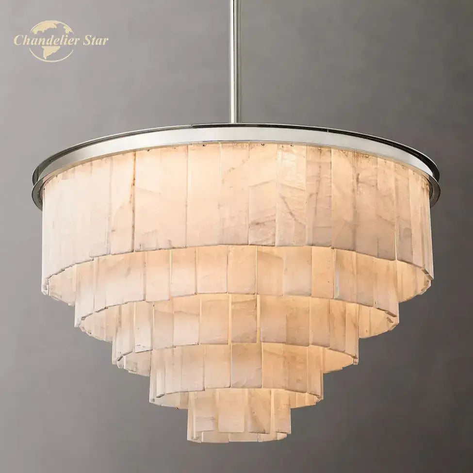 Decorbites™ led round glace calcite chandelier with chrome frame and warm marble-like panels for dining rooms