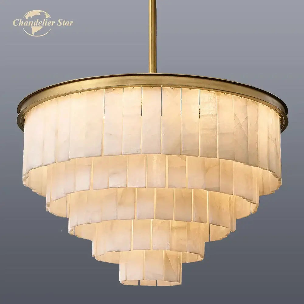 Decorbites™ led round glace calcite chandelier with brass frame and off-white panels for dining room lighting