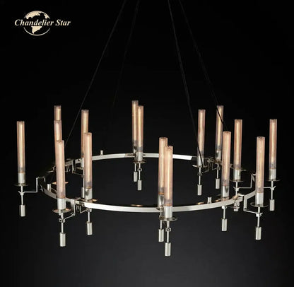 DecorBites led round glass chandelier with sleek chrome frame and warm candle bulbs for living dining room lighting