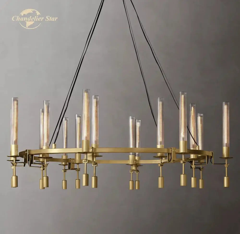 Brass-toned decorbites led round glass chandelier with cylindrical shades and circular frame for living dining room lighting