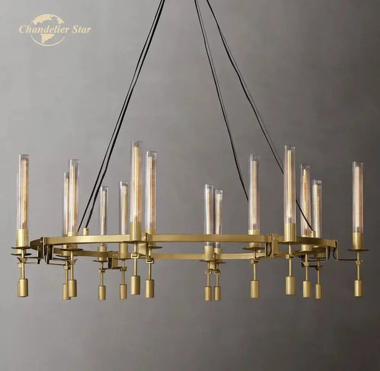 Brass-toned decorbites led round glass chandelier with cylindrical shades and circular frame for living dining room lighting